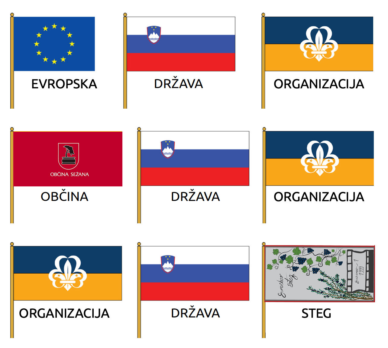 Primeri razporeditve zastav: evropska, država, organizacija, občina in steg